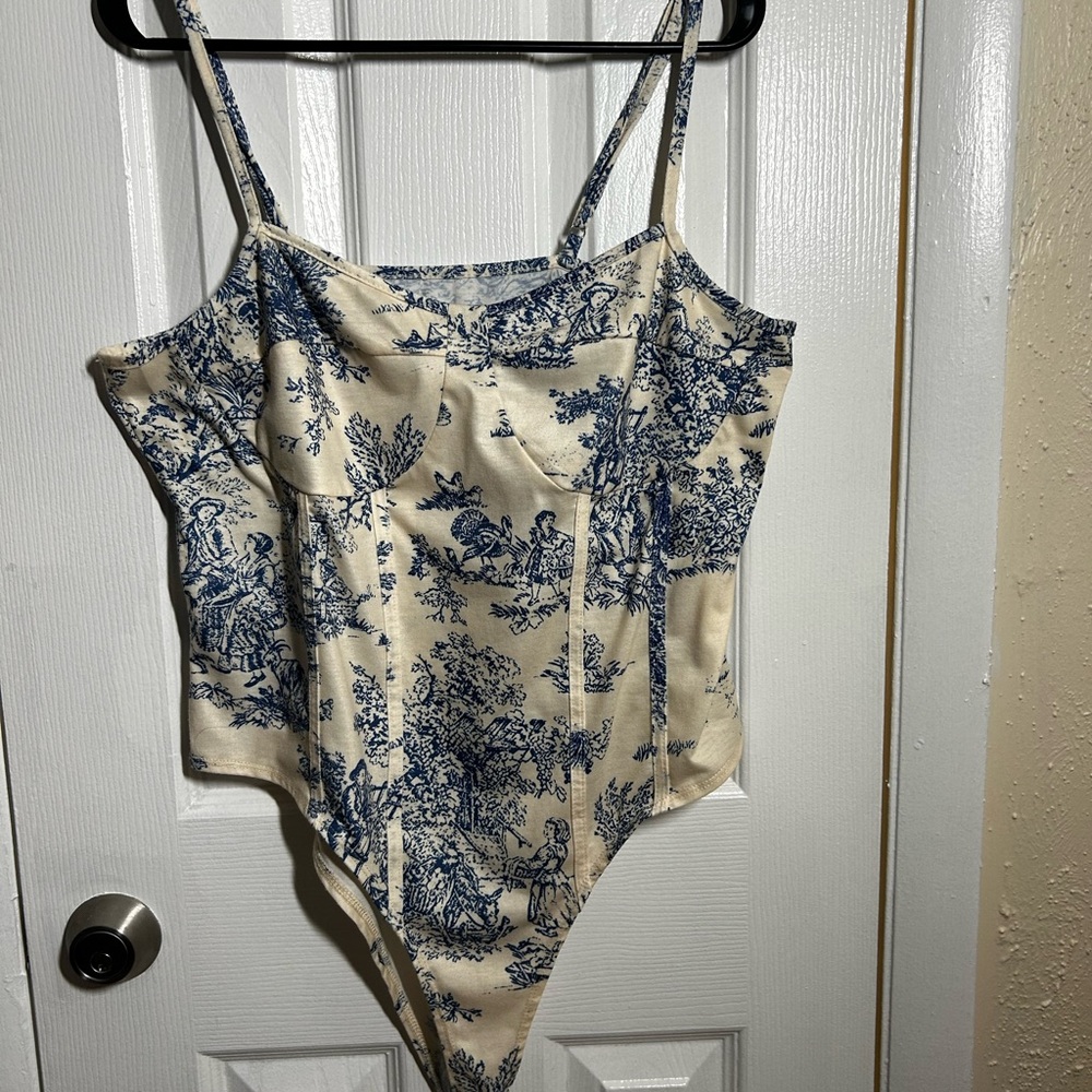 Cider Corset 1XL Bodysuit Toile Print Blue White Bustier Top Cottagecore - Picture 3 of 12